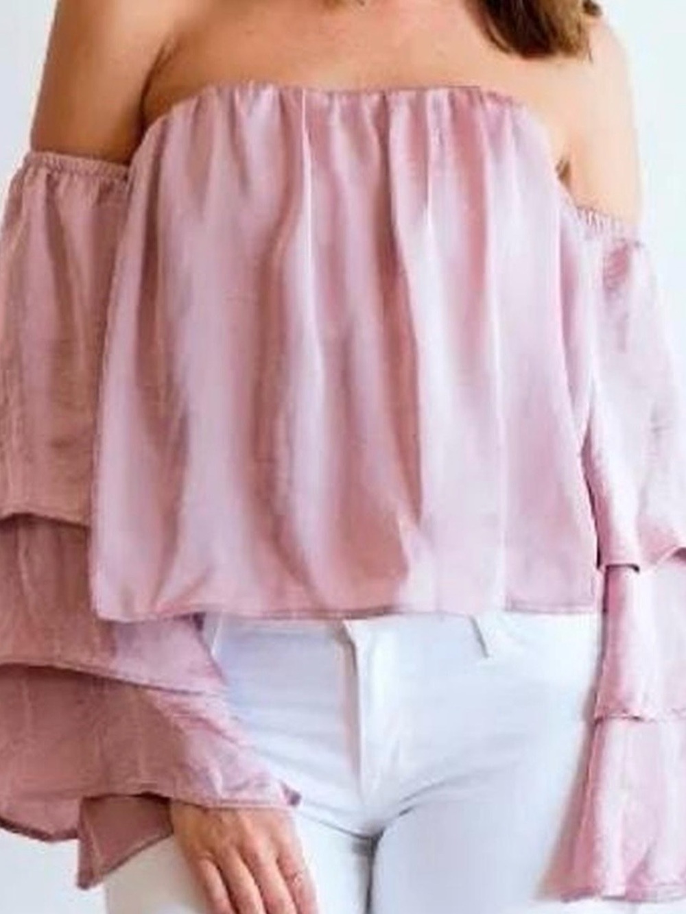 4SI3NNA Blush Pink Corset Off-Shoulder Bell Sleeve Top